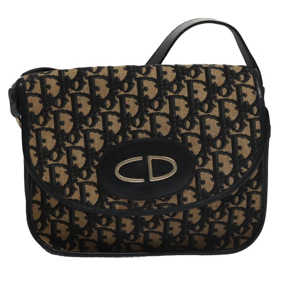 Christian Dior Trotter Canvas Hand Bag Navy Beige Gold Auth yk16224