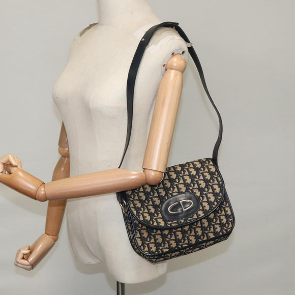 Christian Dior Trotter Canvas Hand Bag Navy Beige Gold Auth yk16224