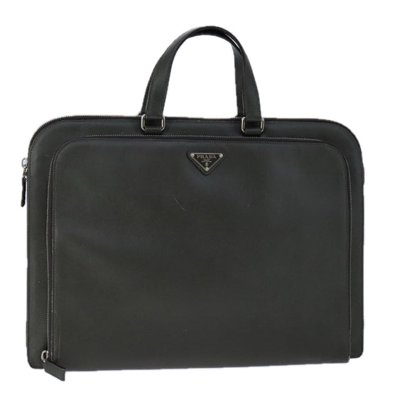 PRADA Hand Bag Safiano Leather Khaki Silver Auth yk16252