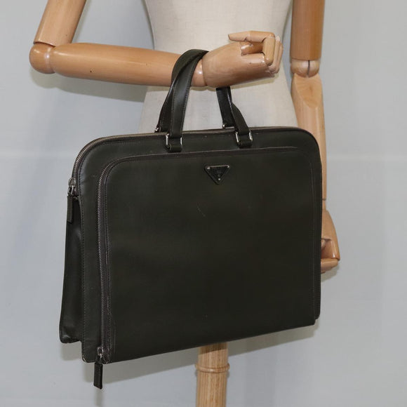PRADA Hand Bag Safiano Leather Khaki Silver Auth yk16252