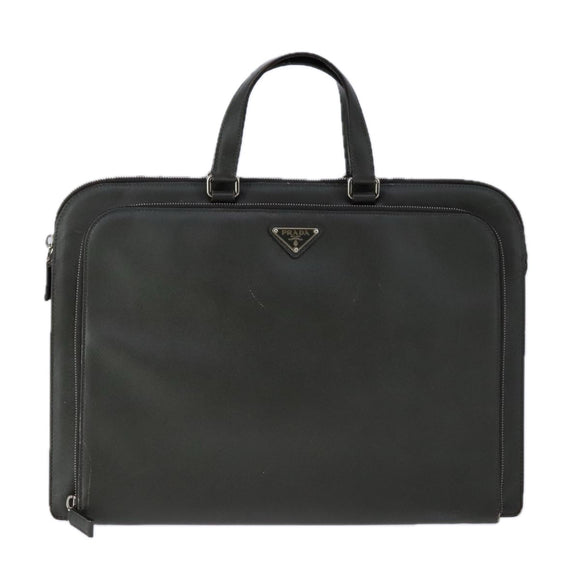 PRADA Hand Bag Safiano Leather Khaki Silver Auth yk16252