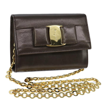 Salvatore Ferragamo Vala Chain Shoulder Bag Leather Brown Gold Auth yk16268