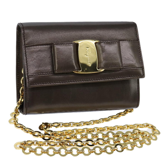 Salvatore Ferragamo Vala Chain Shoulder Bag Leather Brown Gold Auth yk16268