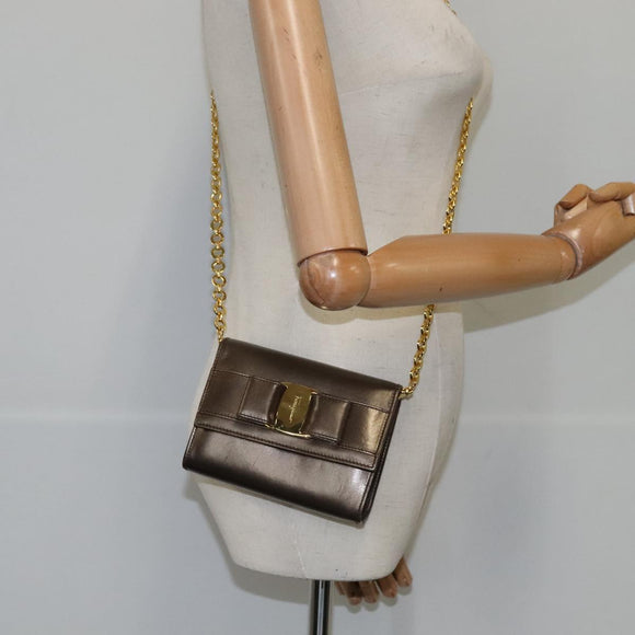 Salvatore Ferragamo Vala Chain Shoulder Bag Leather Brown Gold Auth yk16268