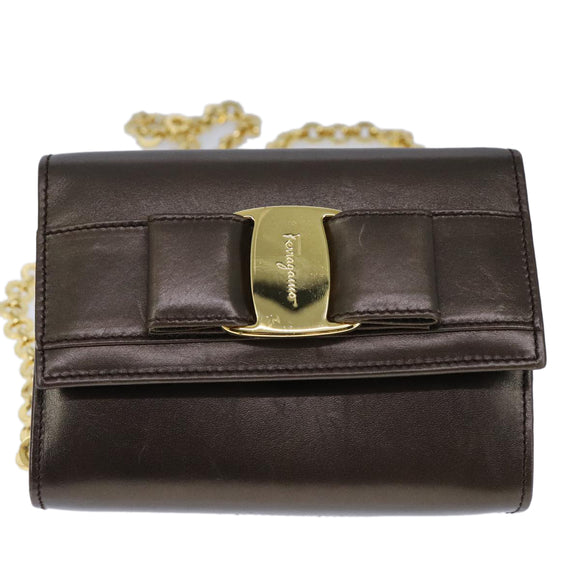 Salvatore Ferragamo Vala Chain Shoulder Bag Leather Brown Gold Auth yk16268