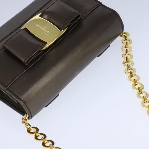 Salvatore Ferragamo Vala Chain Shoulder Bag Leather Brown Gold Auth yk16268