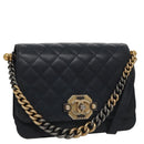 CHANEL Matelasse Turn Lock Chain Hand Bag Leather 2way Navy Gold CC Auth yk16451-1
