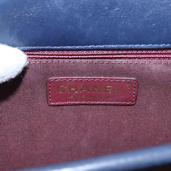 CHANEL Matelasse Turn Lock Chain Hand Bag Leather 2way Navy Gold CC Auth yk16451