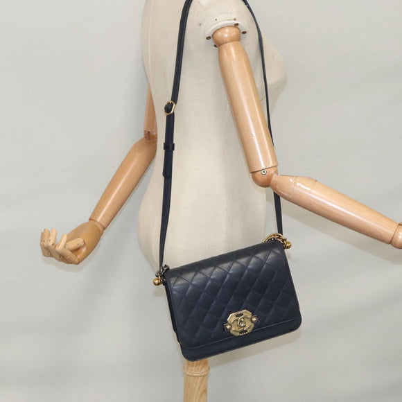 CHANEL Matelasse Turn Lock Chain Hand Bag Leather 2way Navy Gold CC Auth yk16451