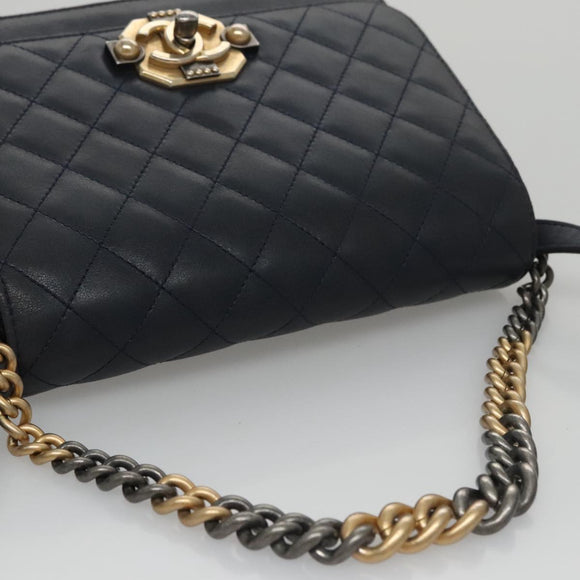 CHANEL Matelasse Turn Lock Chain Hand Bag Leather 2way Navy Gold CC Auth yk16451