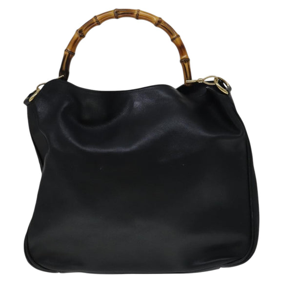 GUCCI Bamboo Hand Bag Leather 2way Black Gold Auth yk16493