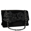 CHANEL Chain Camelia Shoulder Bag Velor Leather Black Silver CC Auth yk16500-1