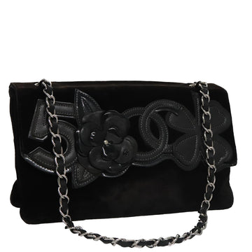 CHANEL Chain Camelia Shoulder Bag Velor Leather Black Silver CC Auth yk16500