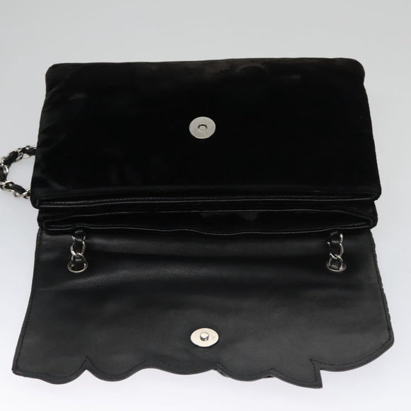 CHANEL Chain Camelia Shoulder Bag Velor Leather Black Silver CC Auth yk16500