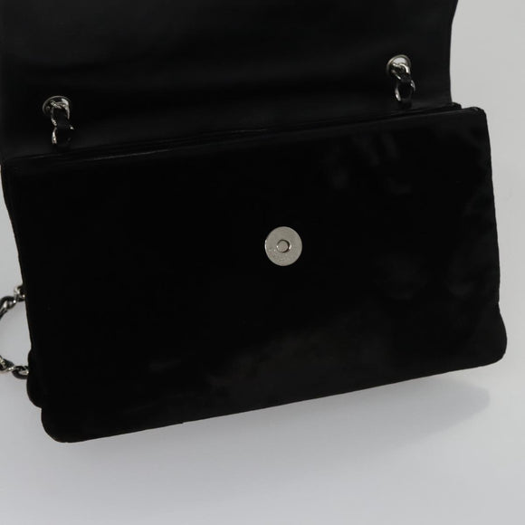 CHANEL Chain Camelia Shoulder Bag Velor Leather Black Silver CC Auth yk16500
