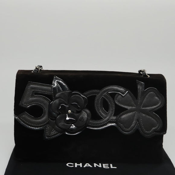CHANEL Chain Camelia Shoulder Bag Velor Leather Black Silver CC Auth yk16500