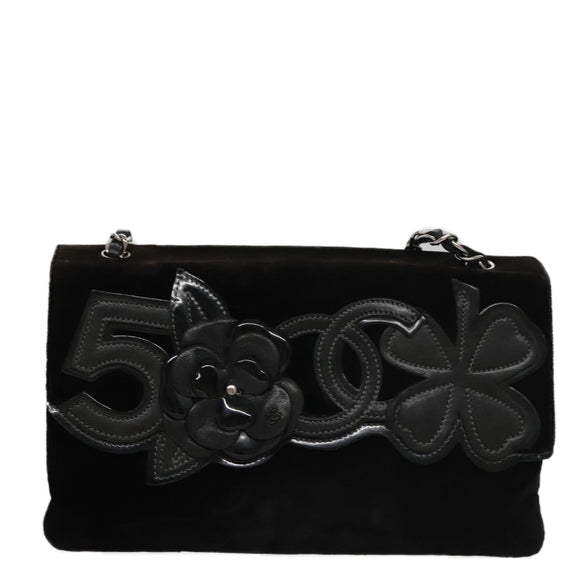CHANEL Chain Camelia Shoulder Bag Velor Leather Black Silver CC Auth yk16500