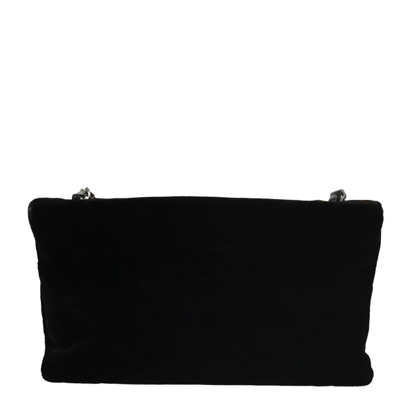 CHANEL Chain Camelia Shoulder Bag Velor Leather Black Silver CC Auth yk16500