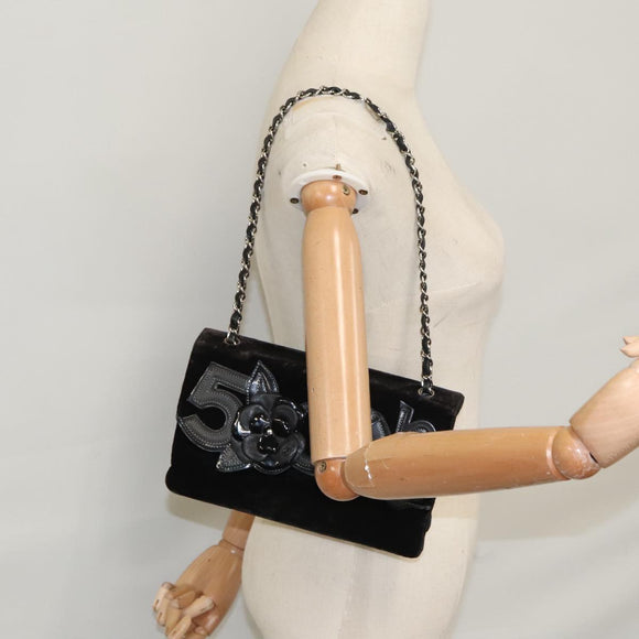 CHANEL Chain Camelia Shoulder Bag Velor Leather Black Silver CC Auth yk16500