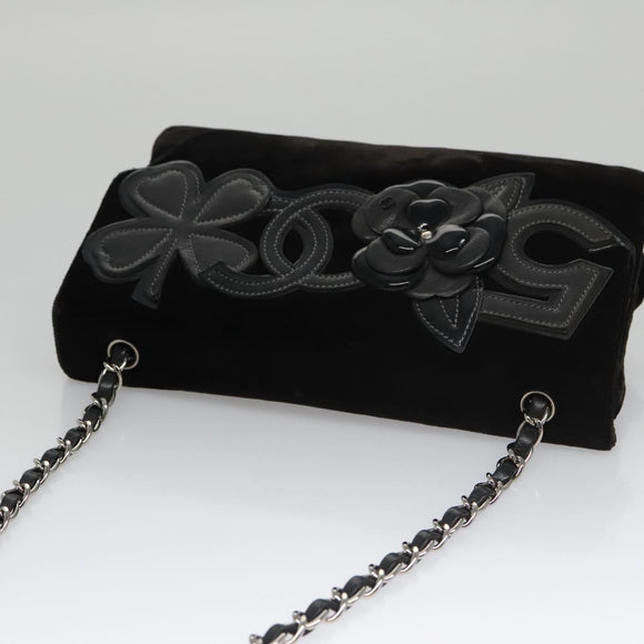 CHANEL Chain Camelia Shoulder Bag Velor Leather Black Silver CC Auth yk16500