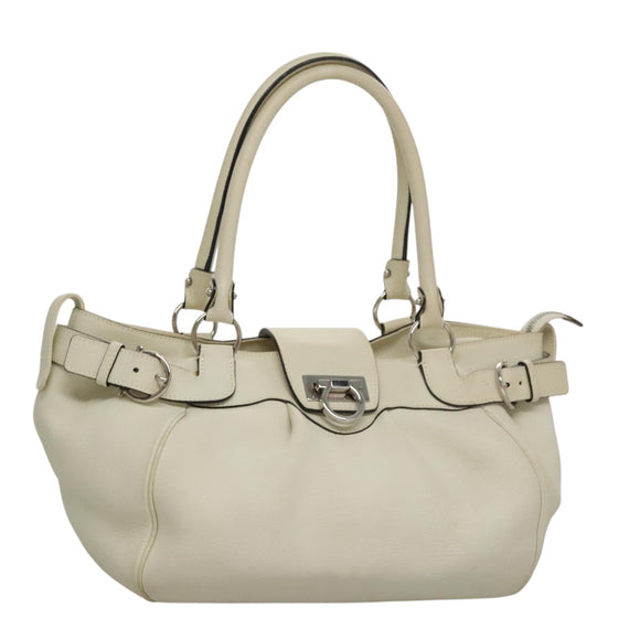 Salvatore Ferragamo Gancini Hand Bag Leather White Silver Auth yk16589
