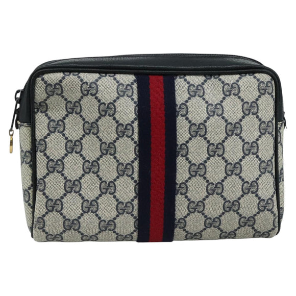 GUCCI GG Supreme Sherry Line Clutch Bag PVC Navy Red 010 378 Auth yk16908