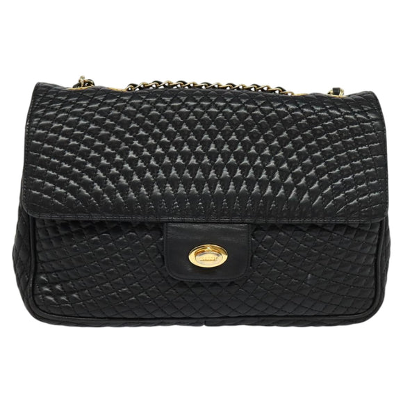 BALLY Quilted Chain Shoulder Bag Leather Black Gold Auth yk17027