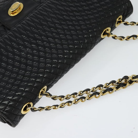 BALLY Quilted Chain Shoulder Bag Leather Black Gold Auth yk17027