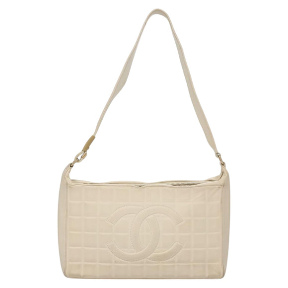 CHANEL Choco Bar Shoulder Bag Leather White CC Auth yk17128