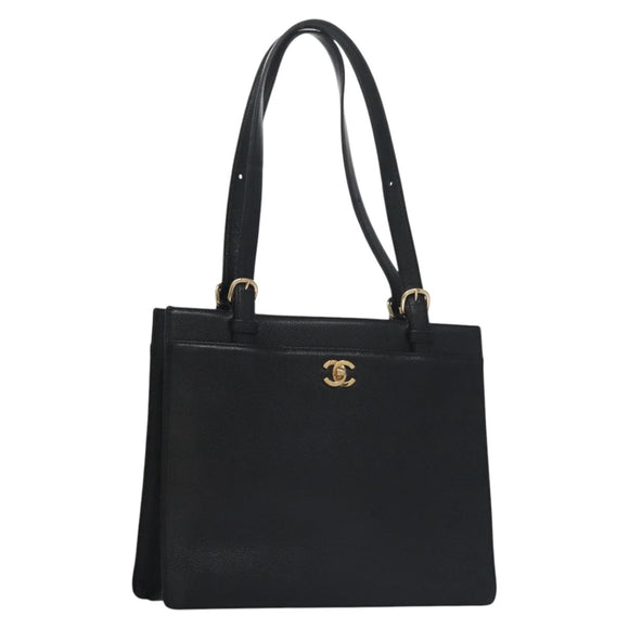 CHANEL COCO Mark Tote Bag Caviar Skin Black Gold CC Auth yk17238A