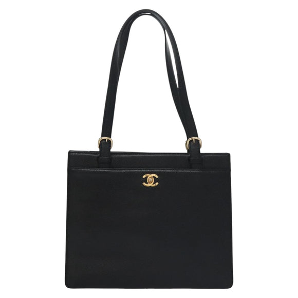 CHANEL COCO Mark Tote Bag Caviar Skin Black Gold CC Auth yk17238A