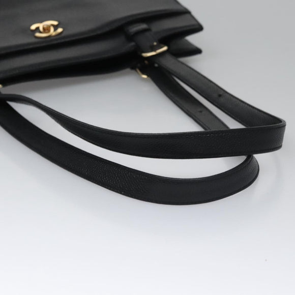 CHANEL COCO Mark Tote Bag Caviar Skin Black Gold CC Auth yk17238A