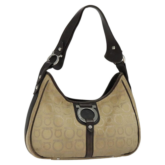 Salvatore Ferragamo Gancini Shoulder Bag Canvas Beige Auth yk17339