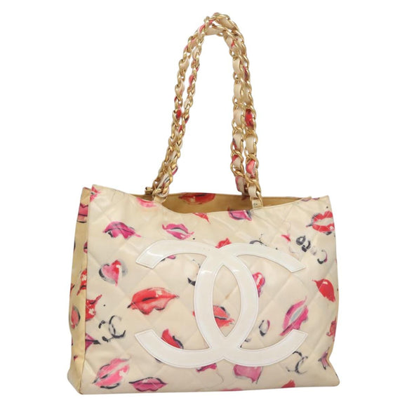 CHANEL Matelasse Chain COCO Mark Lip Tote Bag Vinyl Red CC Auth yk17404