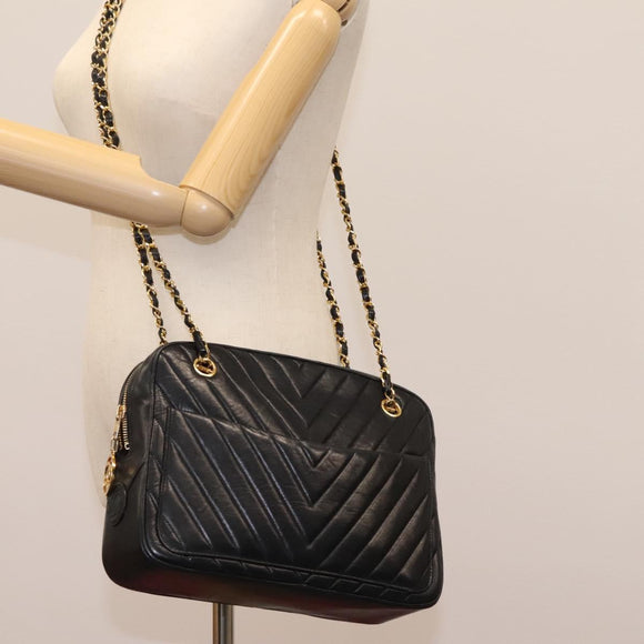 CHANEL Chain V Stitch Shoulder Bag Lamb Skin Black Gold CC Auth yk17457