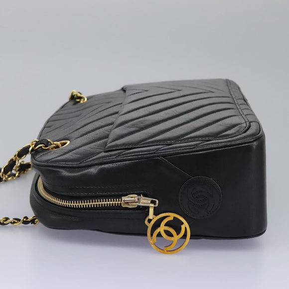 CHANEL Chain V Stitch Shoulder Bag Lamb Skin Black Gold CC Auth yk17457