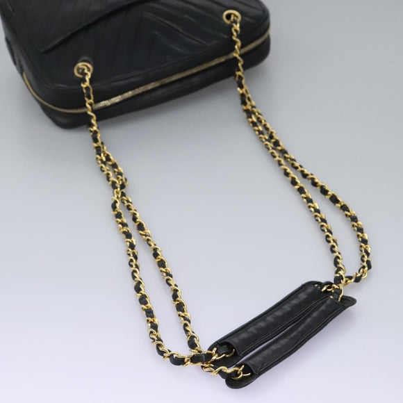 CHANEL Chain V Stitch Shoulder Bag Lamb Skin Black Gold CC Auth yk17457