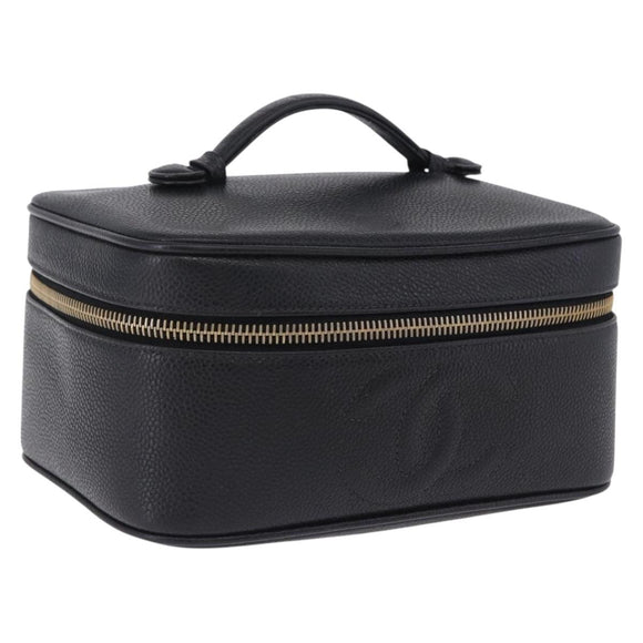 CHANEL COCO Mark Vanity Pouch Caviar Skin Black Gold CC Auth yk17517