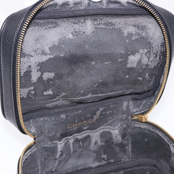 CHANEL COCO Mark Vanity Pouch Caviar Skin Black Gold CC Auth yk17517