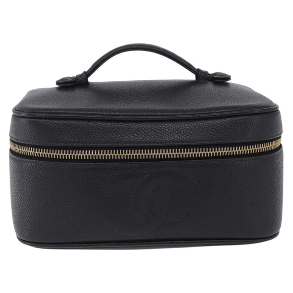 CHANEL COCO Mark Vanity Pouch Caviar Skin Black Gold CC Auth yk17517