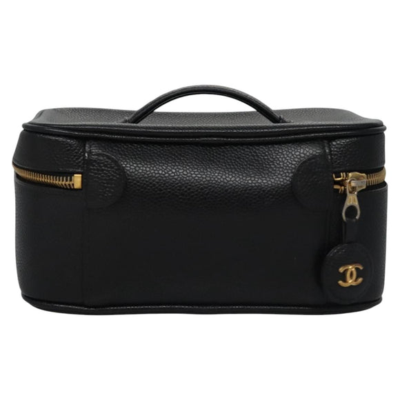 CHANEL COCO Mark Vanity Pouch Caviar Skin Black Gold CC Auth yk17517