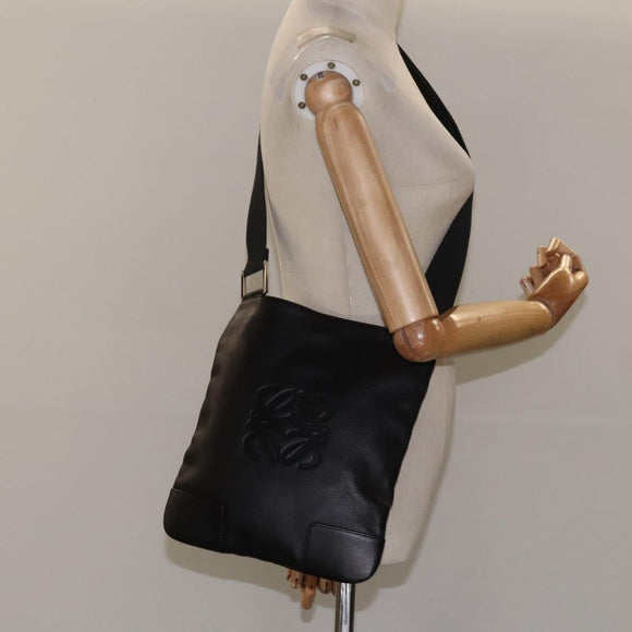 LOEWE Anagram Shoulder Bag Leather Black Silver Auth yk17569