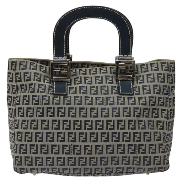 FENDI Zucchino Canvas Hand Bag Navy Silver Auth yk17654