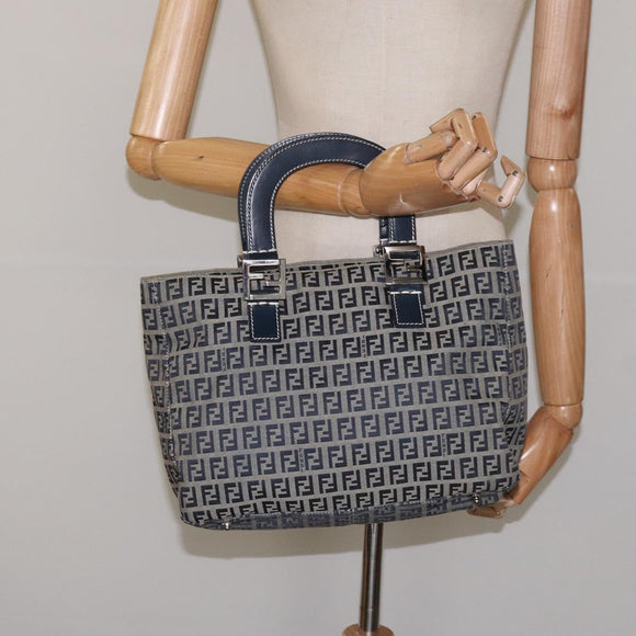 FENDI Zucchino Canvas Hand Bag Navy Silver Auth yk17654