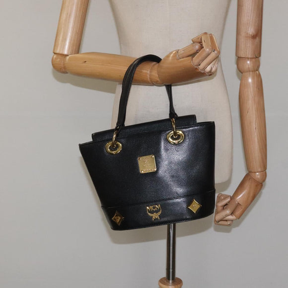 MCM Hand Bag Leather Black Gold Auth yk17655