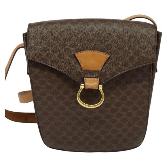 CELINE Macadam Canvas Shoulder Bag PVC Leather Brown Gold Auth yk17805