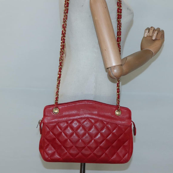 CHANEL Matelasse Chain Shoulder Bag Lamb Skin Gold Red CC Auth yk17818