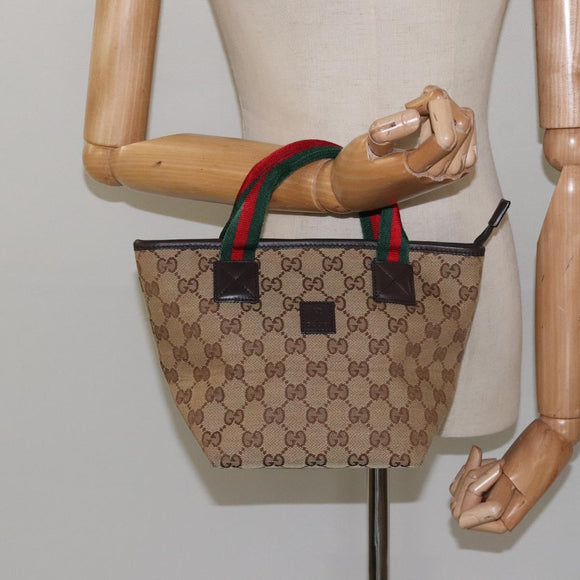 GUCCI GG Canvas Web Sherry Line Hand Bag Beige Silver 284728 Auth yk17820