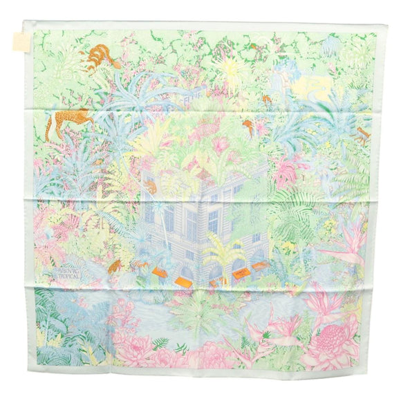 HERMES Carre 90 Scarf ""Faubourg Tropical"" Silk Green Auth yk17852