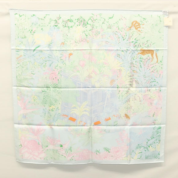 HERMES Carre 90 Scarf ""Faubourg Tropical"" Silk Green Auth yk17852